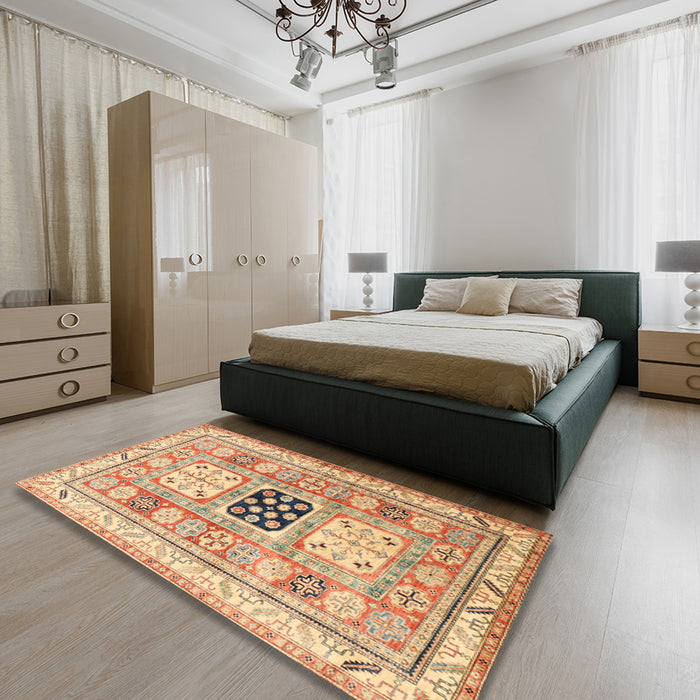 Traditional Chocolate Brown Geometric Rug in a Bedroom, tr3010