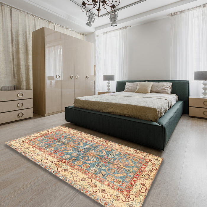 Traditional Orange Salmon Pink Oriental Rug in a Bedroom, tr3011