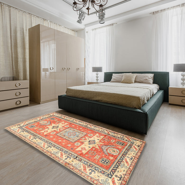 Traditional Chocolate Brown Geometric Rug in a Bedroom, tr3022