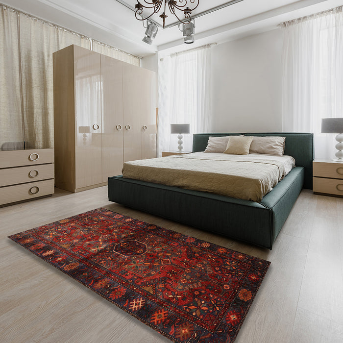 Machine Washable Traditional Dark Red Rug in a Bedroom, wshtr3089