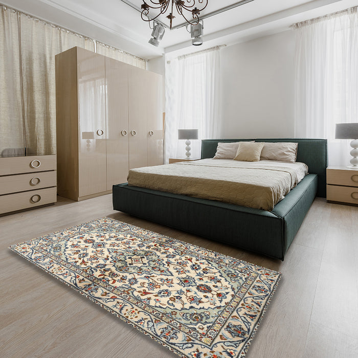 Machine Washable Traditional Desert Sand Beige Rug in a Bedroom, wshtr3126