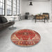 Round Machine Washable Traditional Tangerine Pink Rug in a Office, wshtr3154