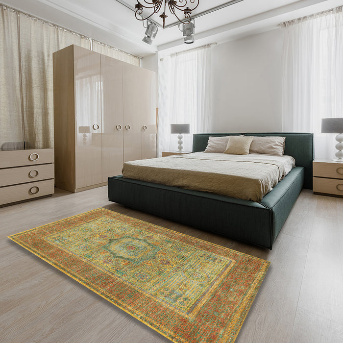 Traditional Copper Green Medallion Rug in a Bedroom, tr3178