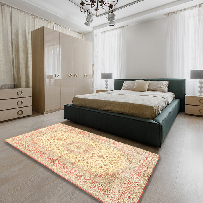 Machine Washable Traditional Sand Brown Rug in a Bedroom, wshtr3181