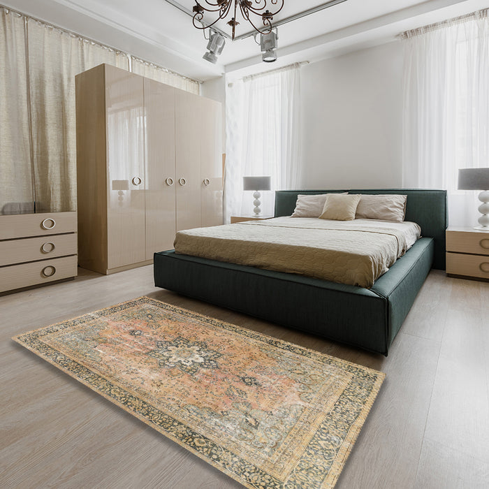 Traditional Dark Gold Brown Persian Rug in a Bedroom, tr3232