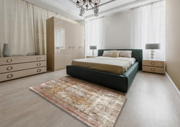 Traditional Dark Gold Brown Persian Rug in a Bedroom, tr3286