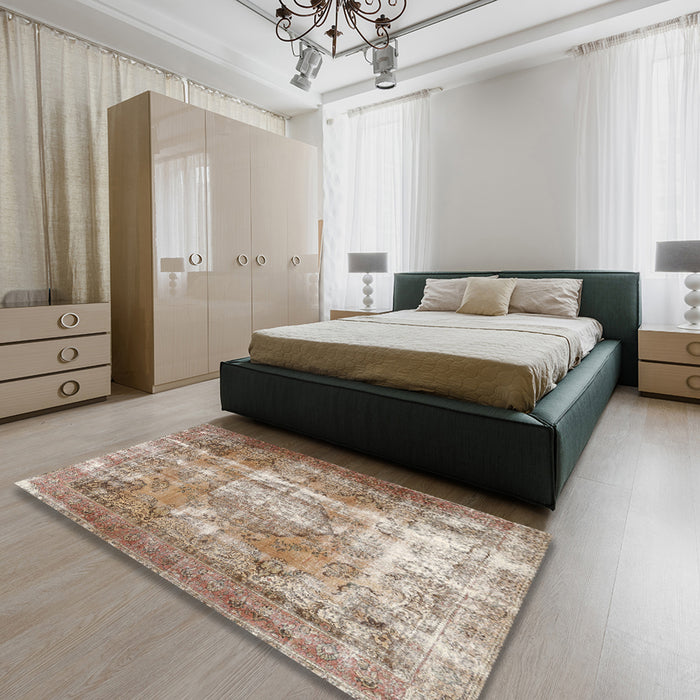 Machine Washable Traditional Dark Gold Brown Rug in a Bedroom, wshtr3286