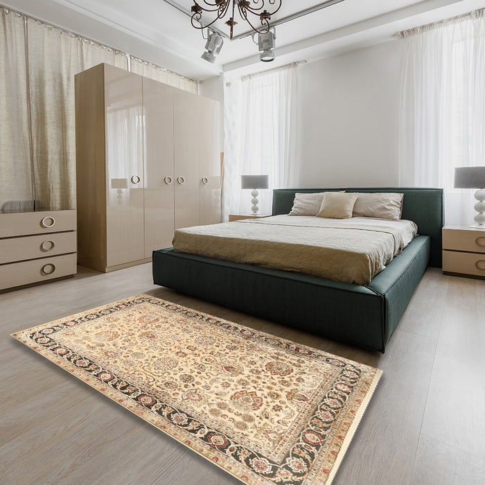 Traditional Brown Gold Persian Rug in a Bedroom, tr3297
