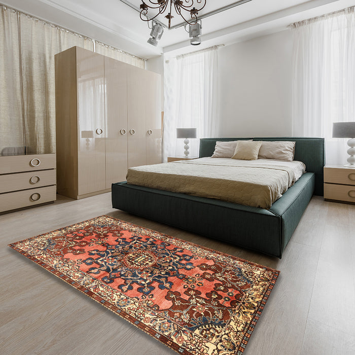 Traditional Saffron Red Medallion Rug in a Bedroom, tr3353