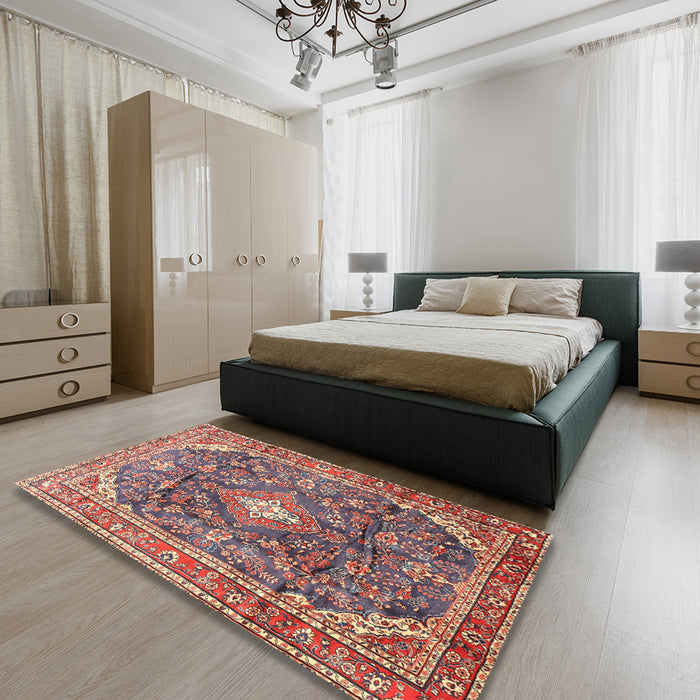 Machine Washable Traditional Brown Red Rug in a Bedroom, wshtr3374