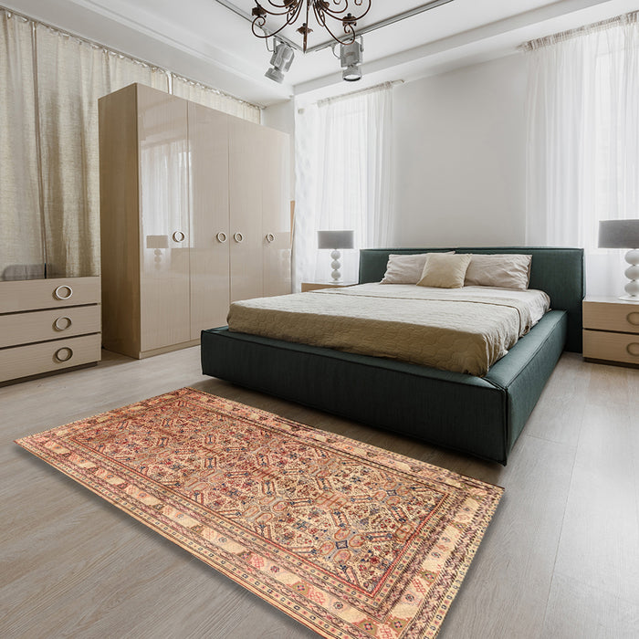 Machine Washable Traditional Sandy Brown Rug in a Bedroom, wshtr337