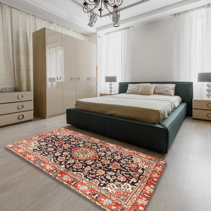 Traditional Brown Red Medallion Rug in a Bedroom, tr3397