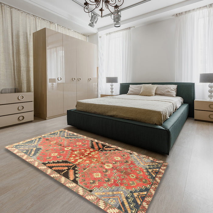 Machine Washable Traditional Brown Green Rug in a Bedroom, wshtr3400