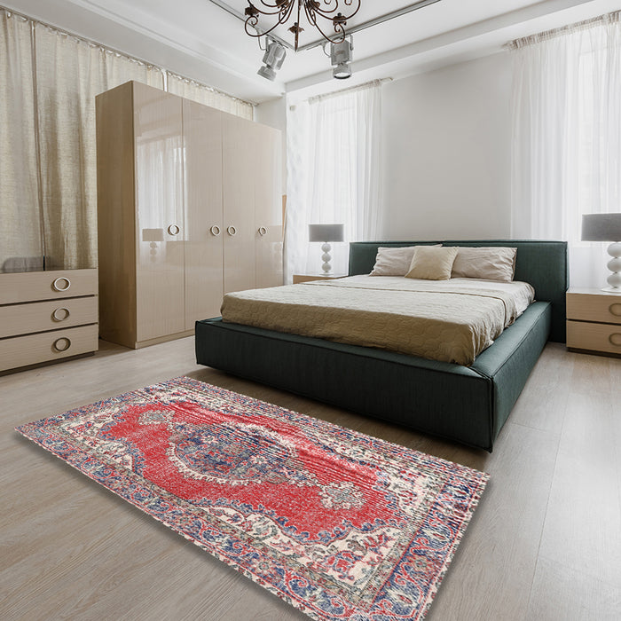 Machine Washable Traditional Brown Red Rug in a Bedroom, wshtr3413
