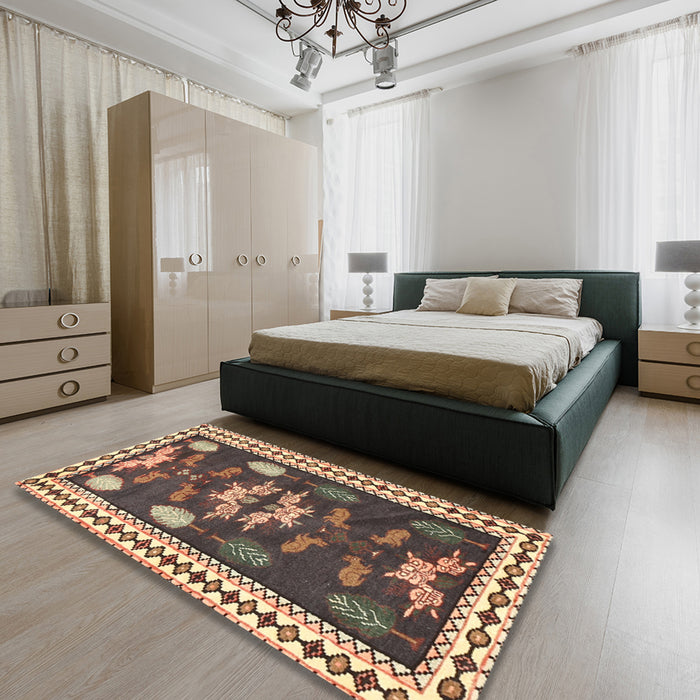 Traditional Dark Brown Persian Rug in a Bedroom, tr3416
