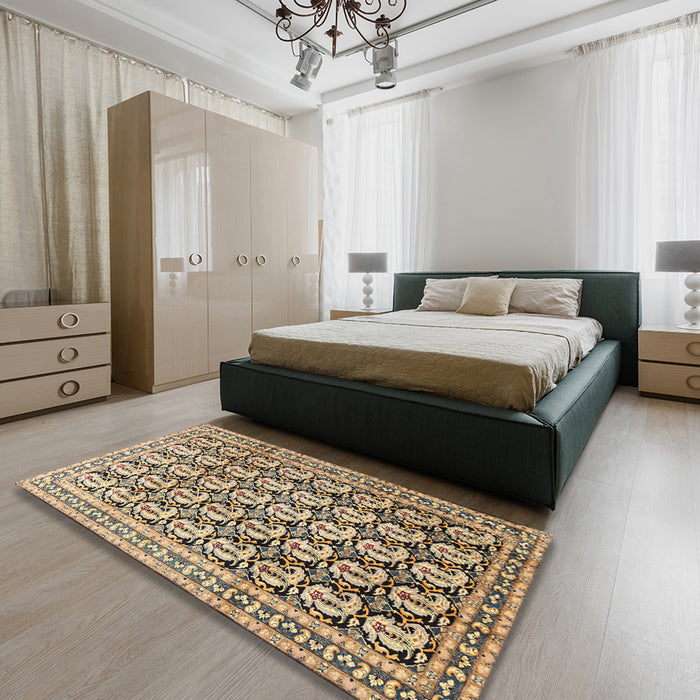Machine Washable Traditional Coffee Brown Rug in a Bedroom, wshtr3423