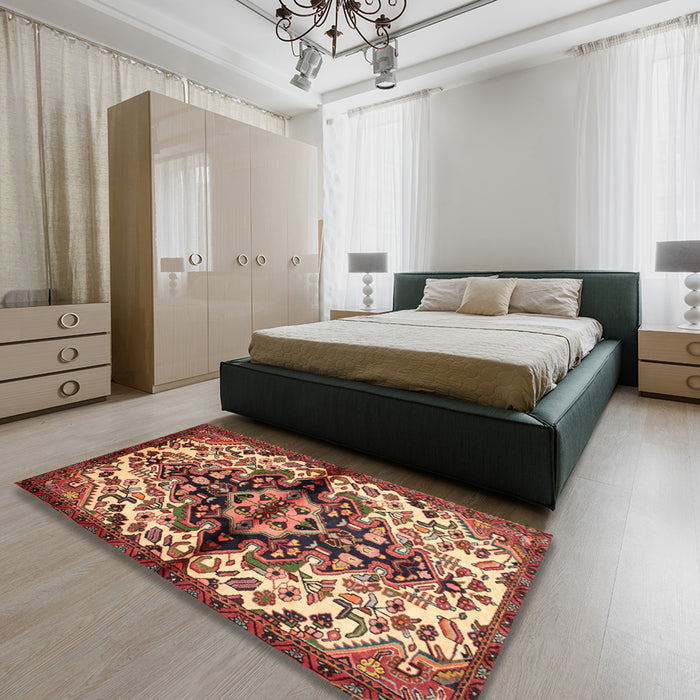 Traditional Saffron Red Medallion Rug in a Bedroom, tr344