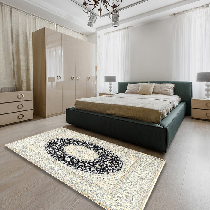 Traditional Champagne Beige Medallion Rug in a Bedroom, tr3463