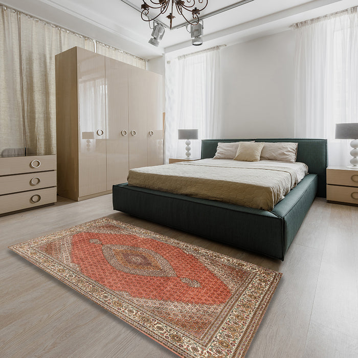 Traditional Mahogany Brown Persian Rug in a Bedroom, tr3469