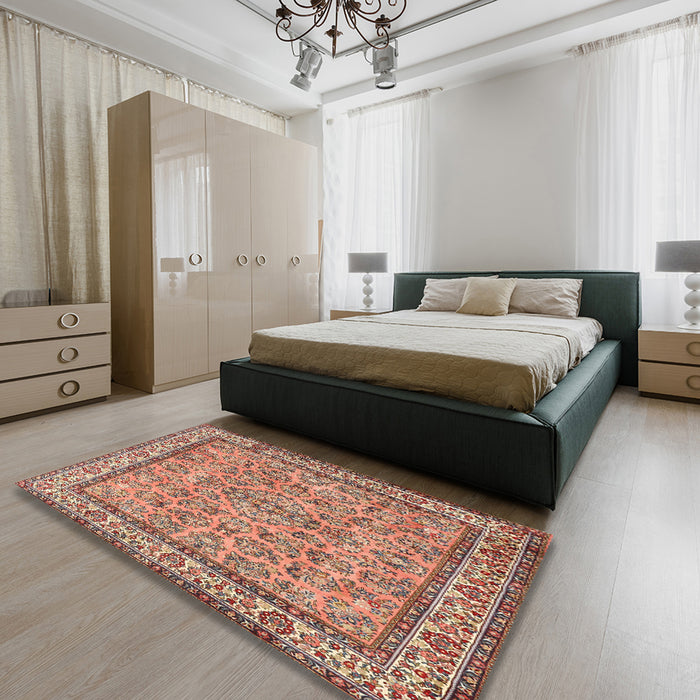 Machine Washable Traditional Brown Red Rug in a Bedroom, wshtr3488
