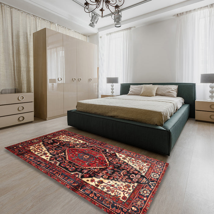 Traditional Dark Gold Brown Persian Rug in a Bedroom, tr348