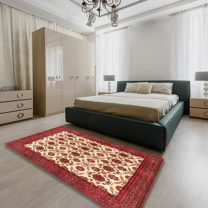 Traditional Sandy Brown Persian Rug in a Bedroom, tr3499