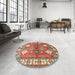 Round Traditional Brownish Green Geometric Rug in a Office, tr349