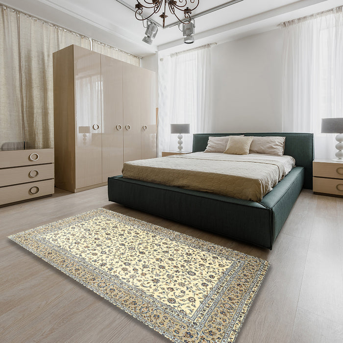 Traditional Khaki Green Persian Rug in a Bedroom, tr3500