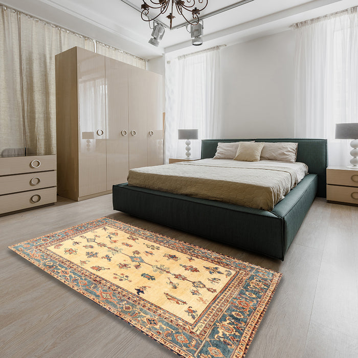 Machine Washable Traditional Dark Gold Brown Rug in a Bedroom, wshtr3517