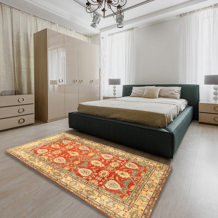 Traditional Chrome Gold Yellow Oriental Rug in a Bedroom, tr3519