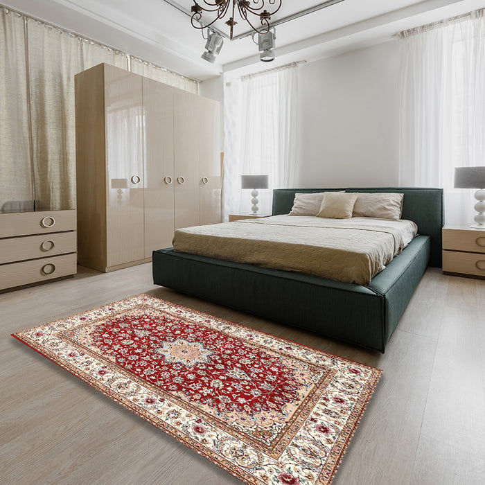 Traditional Fire Brick Red Persian Rug in a Bedroom, tr3538