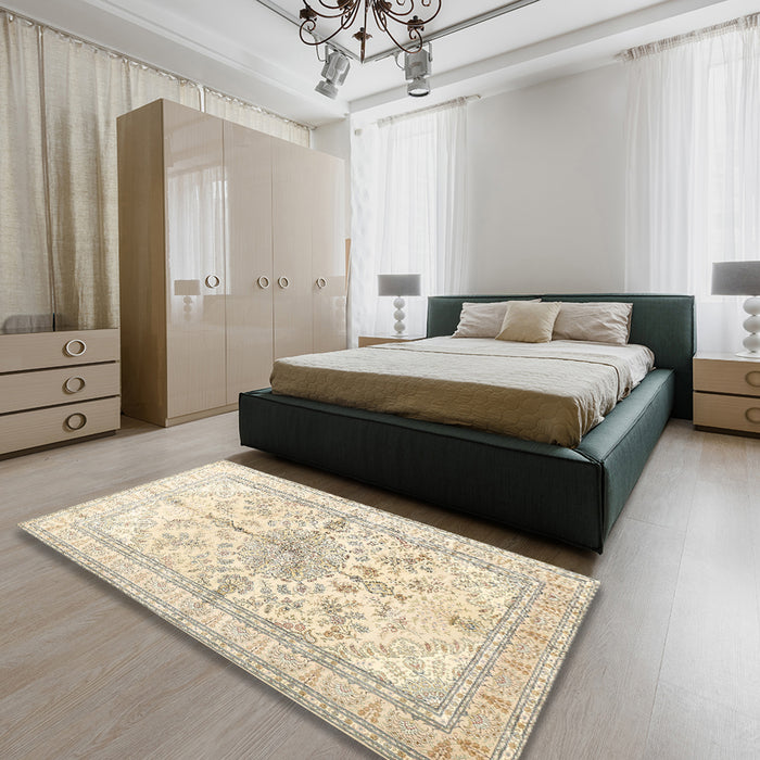 Machine Washable Traditional Gold Rug in a Bedroom, wshtr353