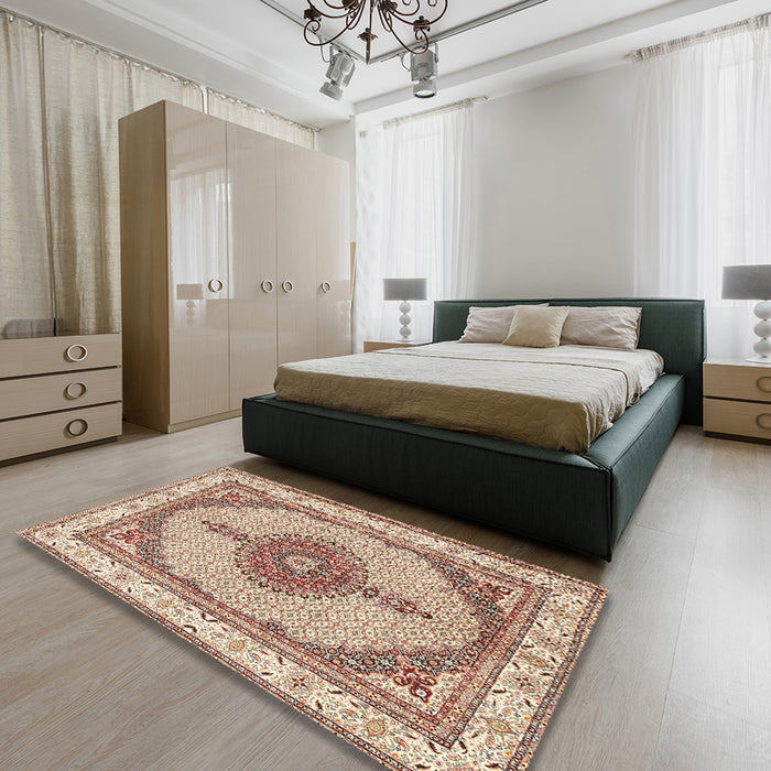 Traditional Deep Peach Orange Persian Rug in a Bedroom, tr3546