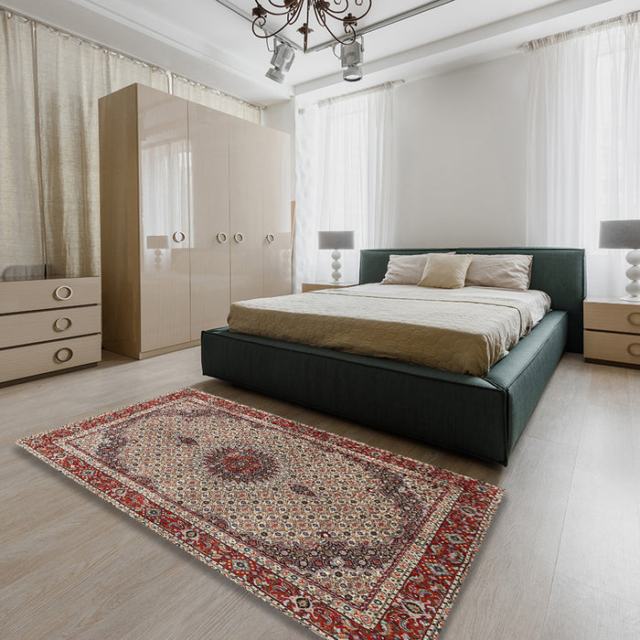 Machine Washable Traditional Light French Beige Brown Rug in a Bedroom, wshtr3548