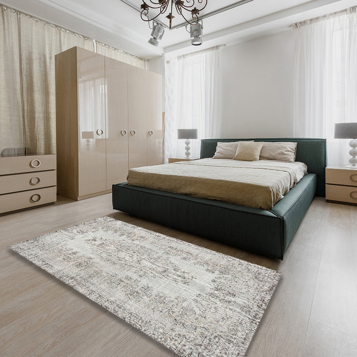 Machine Washable Traditional Dark White Beige Rug in a Bedroom, wshtr3561