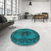 Round Machine Washable Traditional DarkTurquoise Green Rug in a Office, wshtr3565