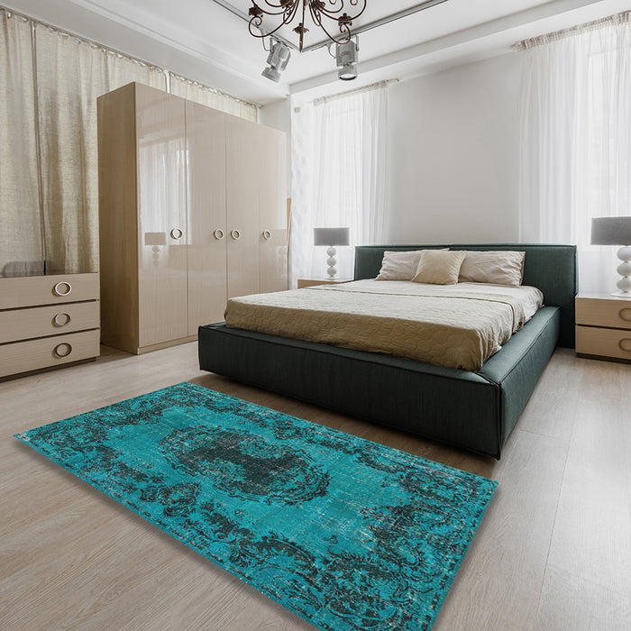 Traditional Dark Turquoise Green Persian Rug in a Bedroom, tr3565
