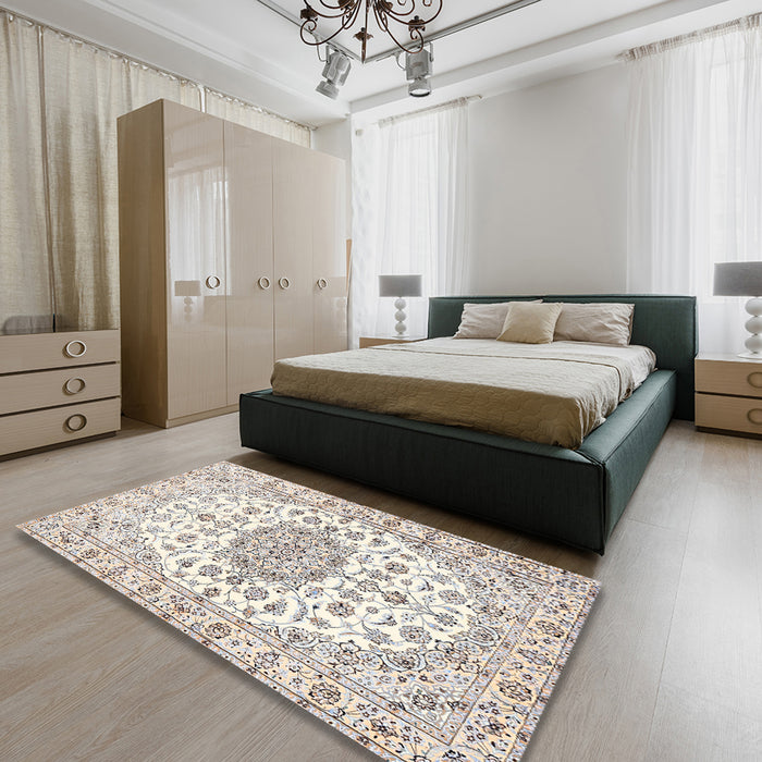 Machine Washable Traditional Champagne Beige Rug in a Bedroom, wshtr357