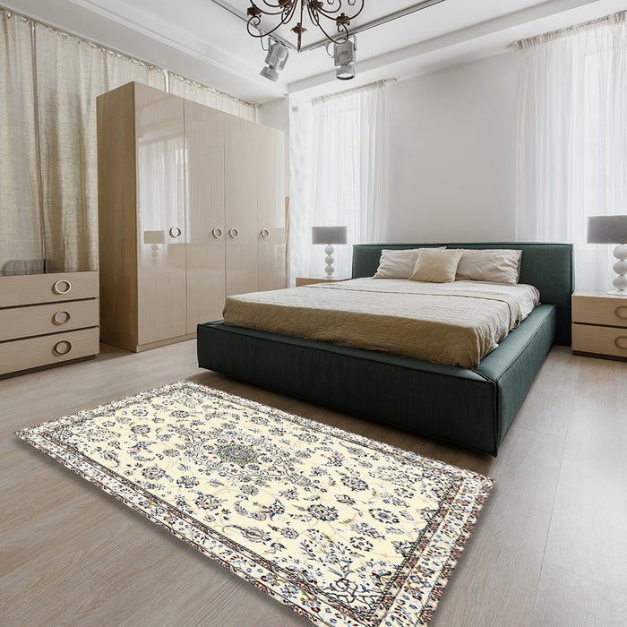 Machine Washable Traditional Parchment Beige Rug in a Bedroom, wshtr358