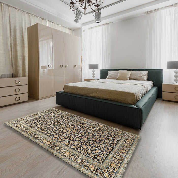 Traditional Dark Brown Persian Rug in a Bedroom, tr3591
