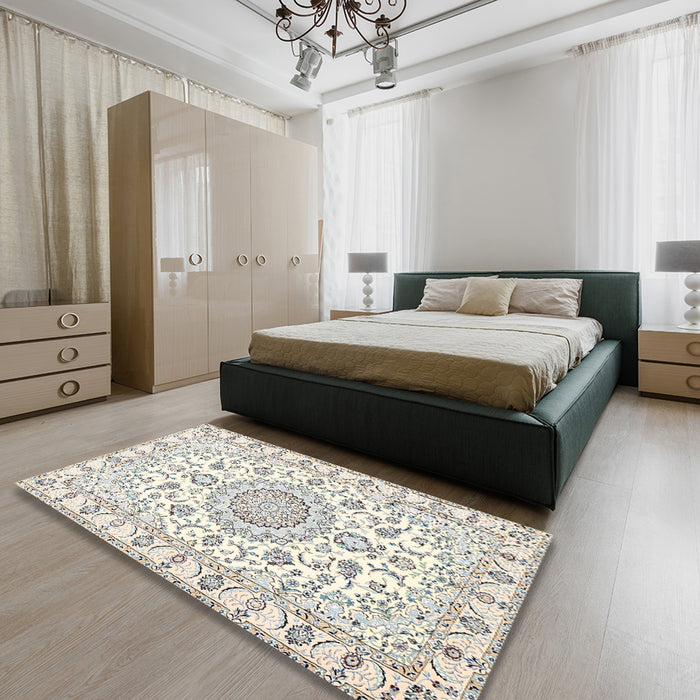Traditional Blanched Almond Beige Medallion Rug in a Bedroom, tr359
