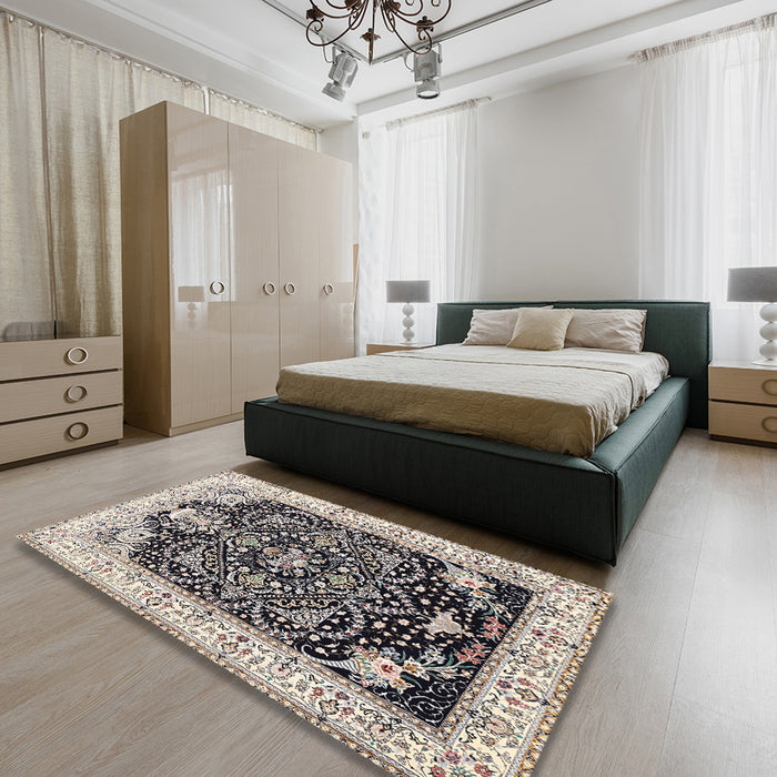 Traditional Taupe Brown Persian Rug in a Bedroom, tr360