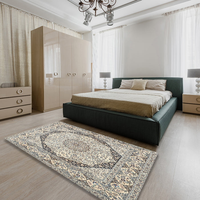 Traditional Wheat Beige Medallion Rug in a Bedroom, tr361