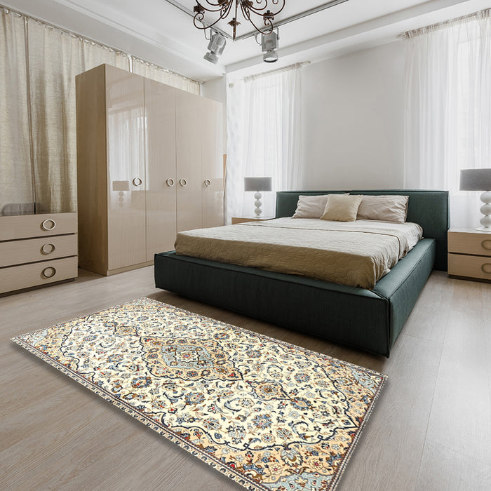 Traditional Khaki Green Persian Rug in a Bedroom, tr3634