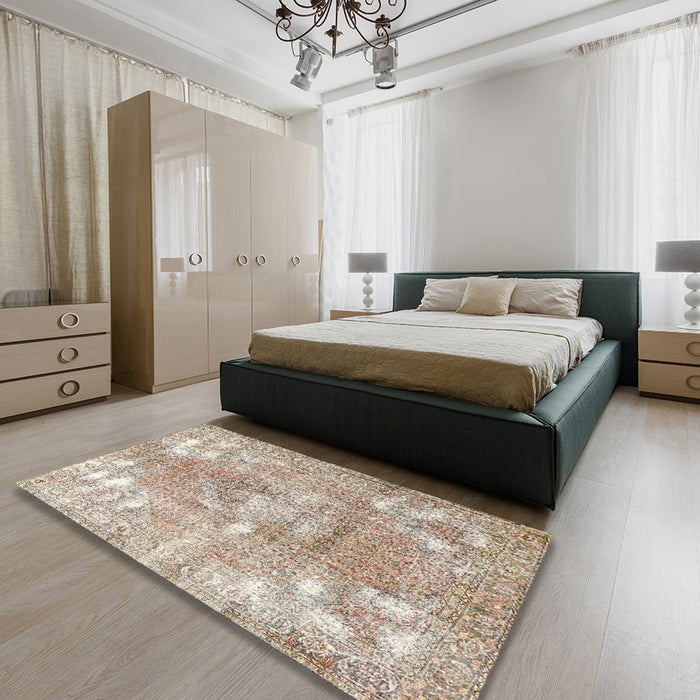 Traditional Dark Almond Brown Persian Rug in a Bedroom, tr3641