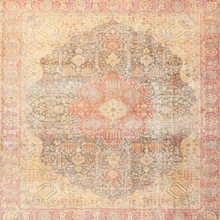 Round Machine Washable Traditional Brown Gold Rug, wshtr3650