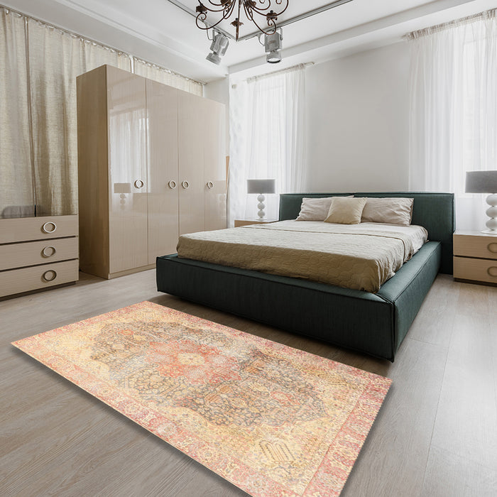 Machine Washable Traditional Brown Gold Rug in a Bedroom, wshtr3650