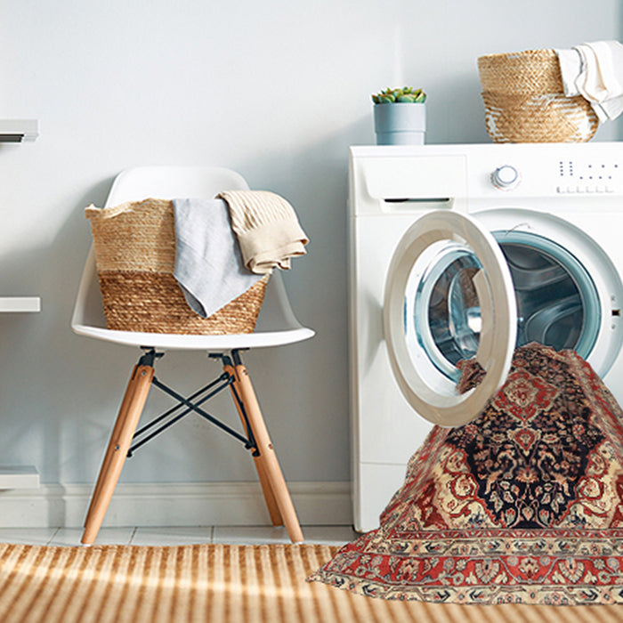 Machine Washable Traditional Saffron Red Rug in a Washing Machine, wshtr3677