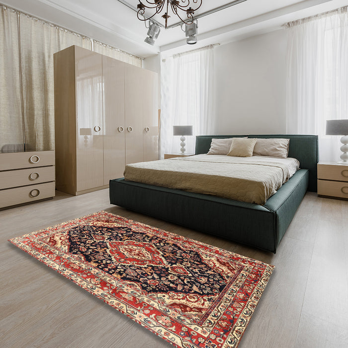 Machine Washable Traditional Saffron Red Rug in a Bedroom, wshtr3677