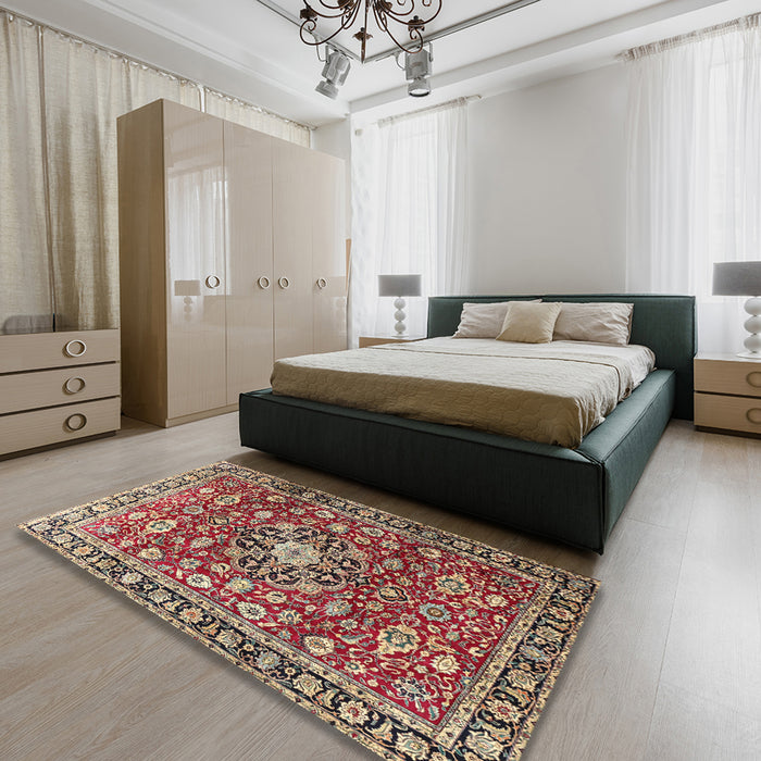 Machine Washable Traditional Saffron Red Rug in a Bedroom, wshtr3679